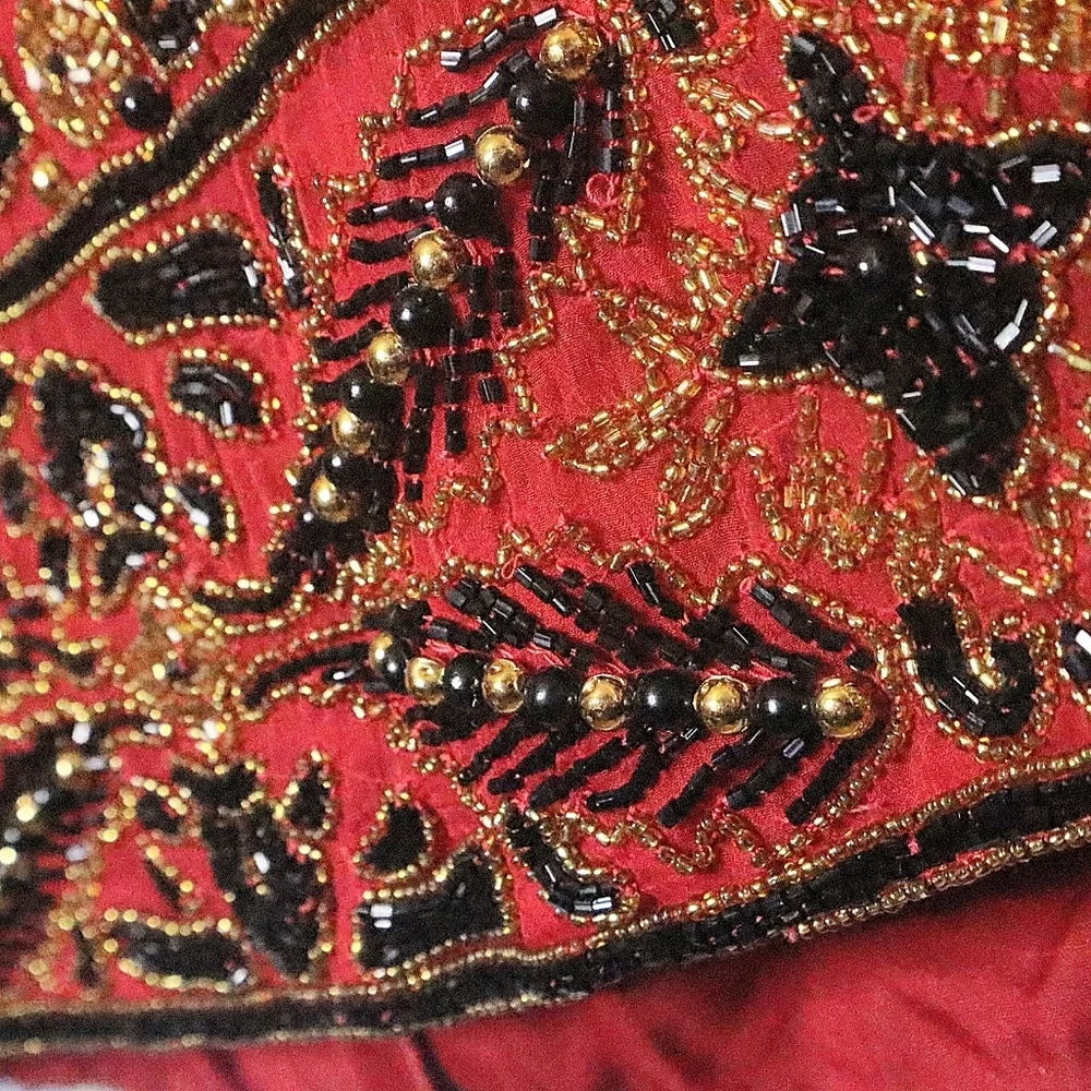 RED BEADED JACKET L Lawrence Kazar Vintage 80s 90s Formal 100% Silk Fall Winter - Picture 2 of 9